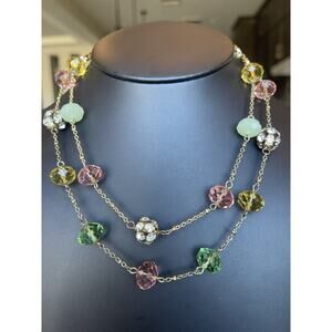 Liz Claiborne Gold Tone Chain Pink Green White Station Bead Rhinestones Necklace